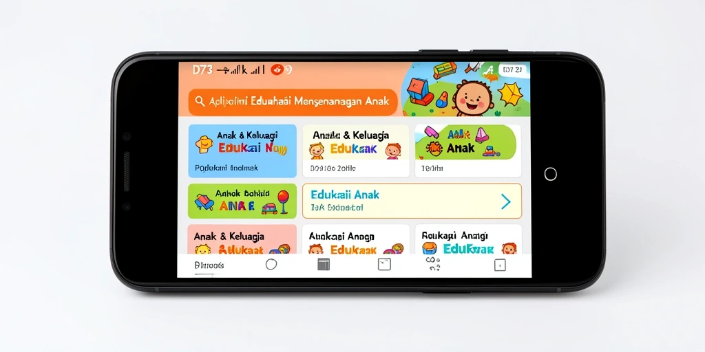 Screenshot aplikasi D73 menampilkan antarmuka belajar anak yang interaktif.