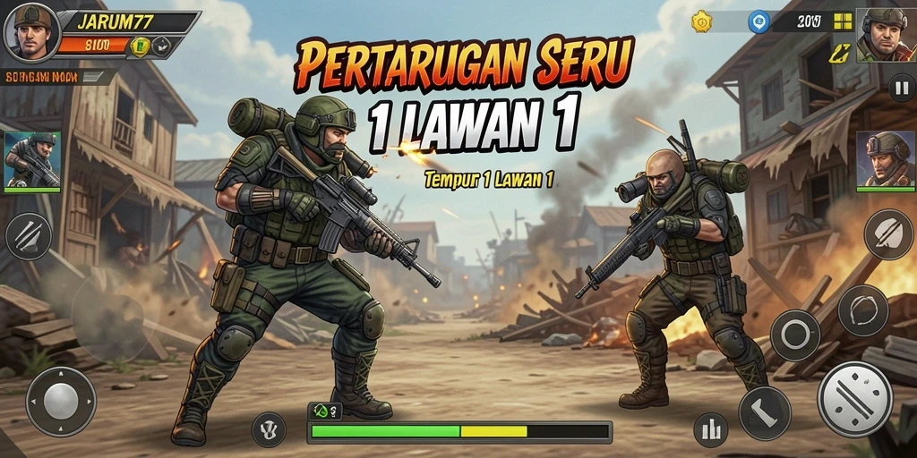 Screenshot JARUM77 menampilkan duel mendebarkan di arena tempur 1 lawan 1.